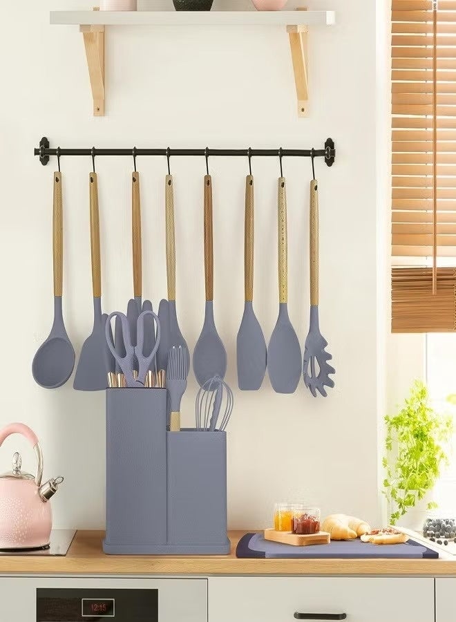 بايكو طقم أدوات مطبخ وسكين من السيليكون مكون من 19 قطعة مع مقابض خشبية ولوح تقطيع وكتلة تخزين مزدوجة المقصورة متعددة الألوان - Image 4