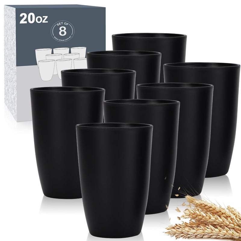 Wheat Straw Cups 8 PCS Good Alternative to Plastic Reusable Cups 20 oz Unbreakable Drinking Cup Reusable Dishwasher Safe Water Plastic Glasses Black