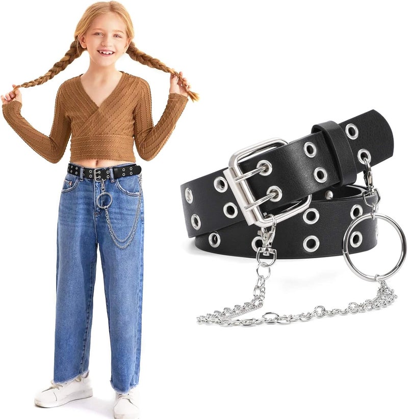 Werforu Kids Double Grommet Belts With Holes for Girls Boys PU Leather Two Row Grommet Waist Belt for Jeans Dress - Image 1