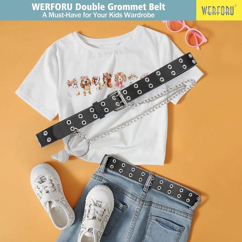 Werforu Kids Double Grommet Belts With Holes for Girls Boys PU Leather Two Row Grommet Waist Belt for Jeans Dress - Image 4