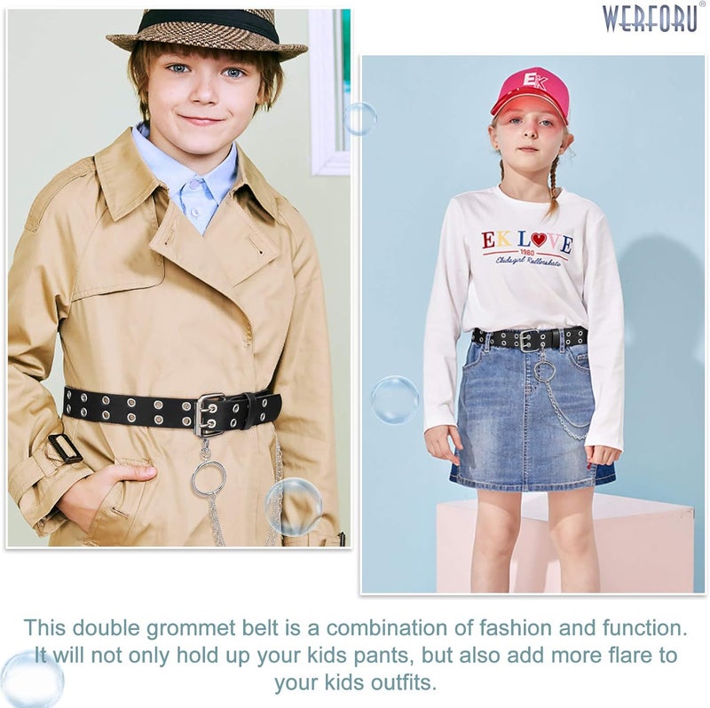 Werforu Kids Double Grommet Belts With Holes for Girls Boys PU Leather Two Row Grommet Waist Belt for Jeans Dress - Image 2