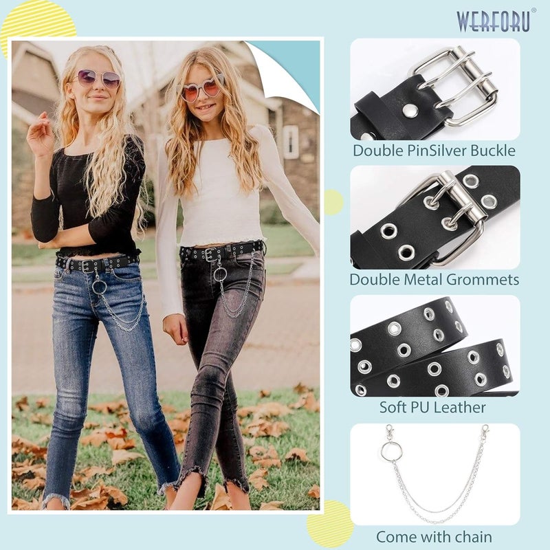 Werforu Kids Double Grommet Belts With Holes for Girls Boys PU Leather Two Row Grommet Waist Belt for Jeans Dress - Image 3