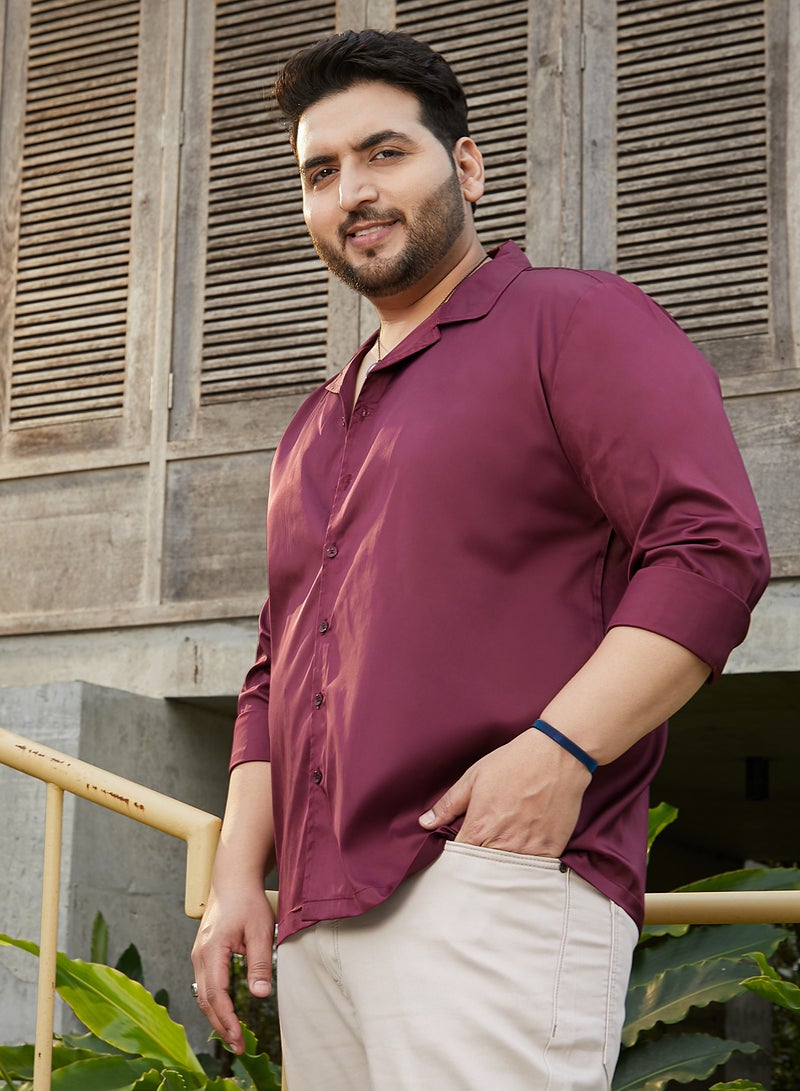 انستافاب بلس قميص رجالي أحمر خمري سادة بتصميم كوبي بياقة كوبية وأكمام طويلة بأزرار للمقاسات الكبيرة - Image 3