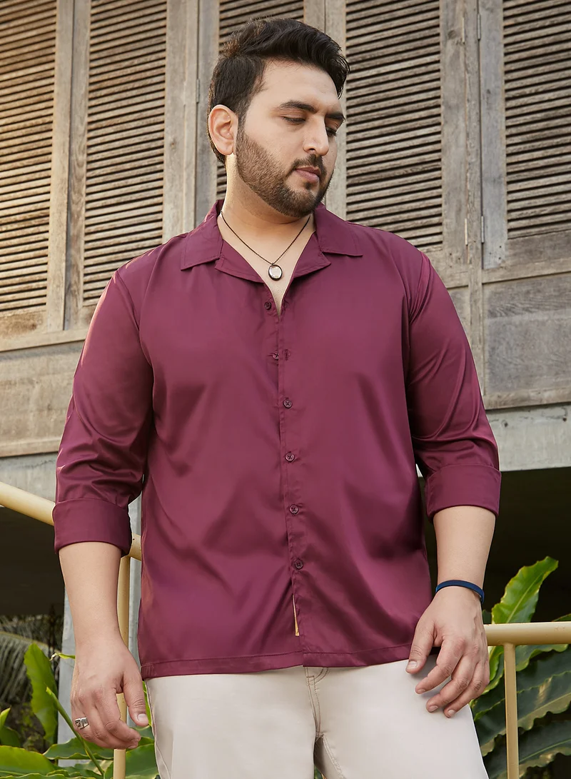 Instafab Plus Instafab Plus Men's Burgundy Red Solid Cuban Shirt For Casual Wear | Cuban Collar | Long Cuffed Sleeves | Button Closure | Plus Size Shirt Crafted With Comfort Fit For Everyday Wear
