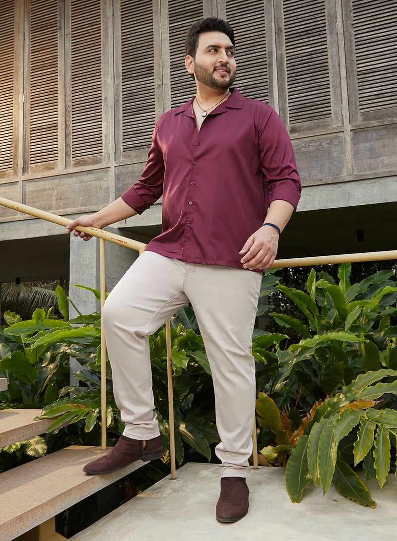 انستافاب بلس قميص رجالي أحمر خمري سادة بتصميم كوبي بياقة كوبية وأكمام طويلة بأزرار للمقاسات الكبيرة - Image 5