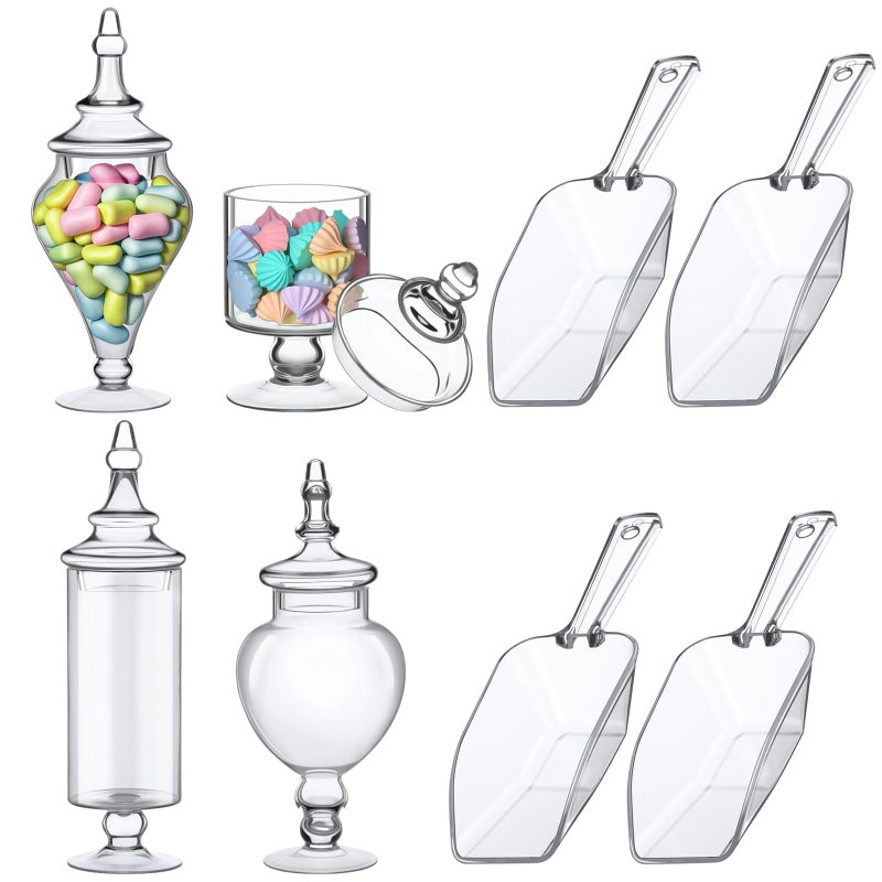 Mimorou Set of 4 Glass Apothecary Jars with Lids and Plastic Scoops, Large Clear Candy Buffet Jars Decorative Storage Canisters Set Table Glass Containers for Candy Bar Wedding Kitchen Bathroom - Image 1