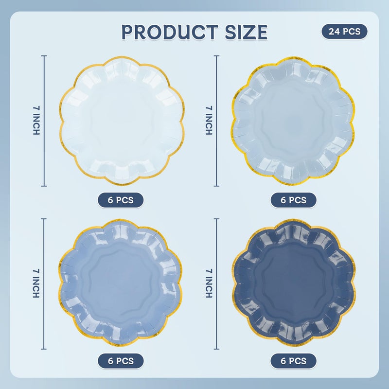 AimFun 24 Pcs Dusty Blue Party Plates Gradient Blue Dessert Paper Plate 7 Inch Gold Foil Scalloped Edge Disposable Cake Plates for Fatherâ€™s Day Birthday Bridal Baby Shower Wedding Party Supplies - Image 2