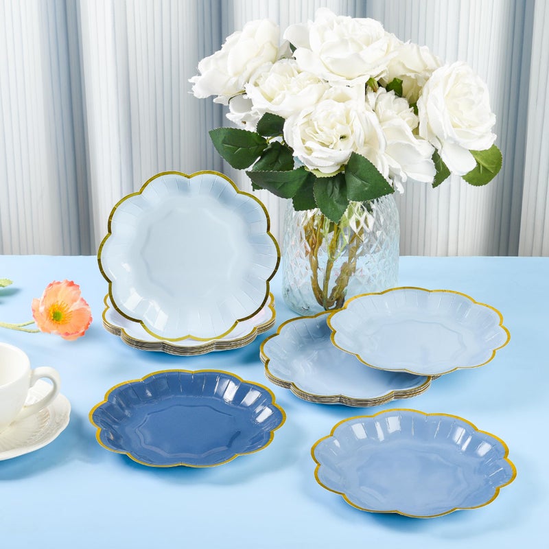 AimFun 24 Pcs Dusty Blue Party Plates Gradient Blue Dessert Paper Plate 7 Inch Gold Foil Scalloped Edge Disposable Cake Plates for Fatherâ€™s Day Birthday Bridal Baby Shower Wedding Party Supplies - Image 5