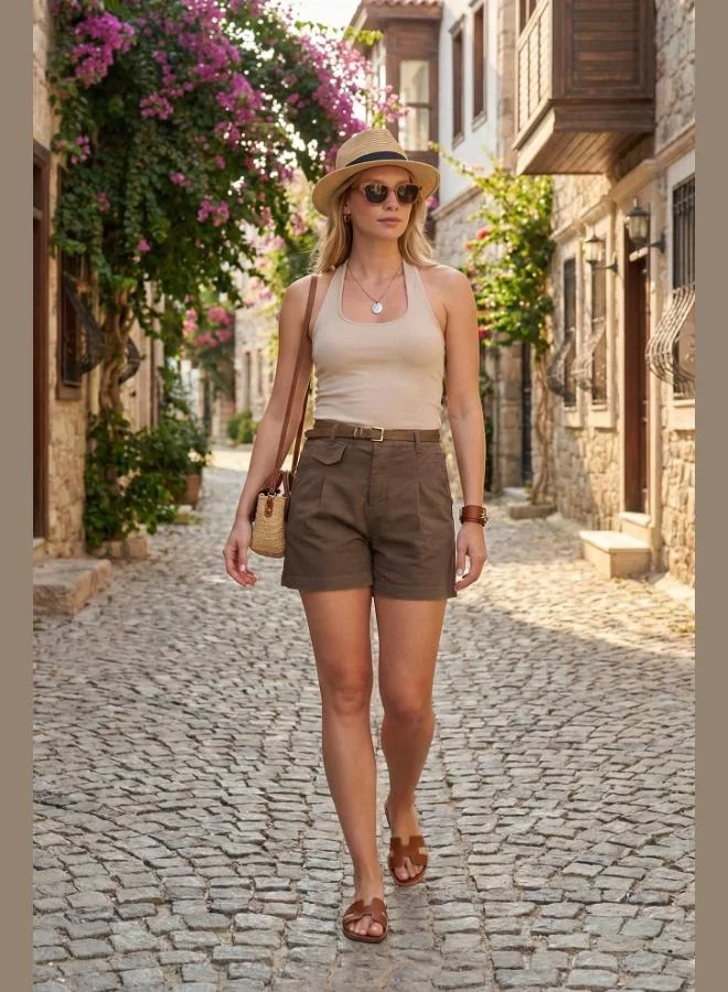 ليلا Lela Belt Detail Relaxed Fit High Waist Cotton Shorts Women's Shorts 668YP5448