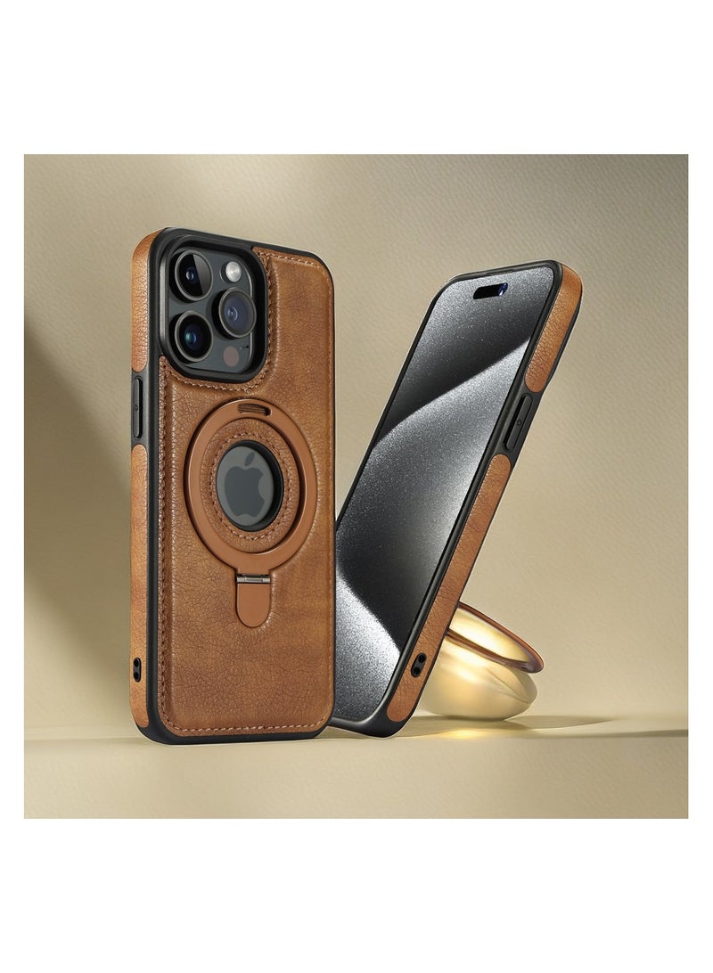 iPhone 16 Pro Max Magnetic PU Leather Phone Case with Invisible Ring Holder, Compatible with Magsafe Phone Cover, Brown  - Image 1