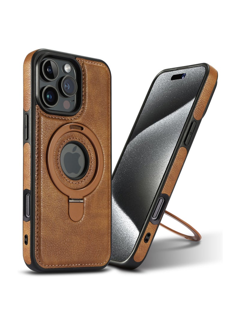 iPhone 16 Pro Max Magnetic PU Leather Phone Case with Invisible Ring Holder, Compatible with Magsafe Phone Cover, Brown  - Image 2