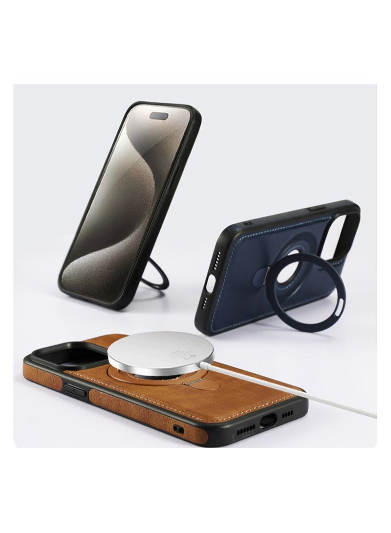 iPhone 16 Pro Max Magnetic PU Leather Phone Case with Invisible Ring Holder, Compatible with Magsafe Phone Cover, Brown  - Image 3