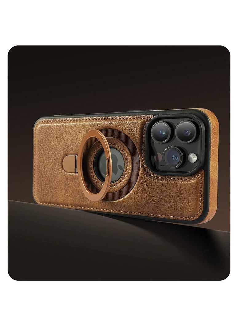 iPhone 16 Pro Max Magnetic PU Leather Phone Case with Invisible Ring Holder, Compatible with Magsafe Phone Cover, Brown  - Image 4