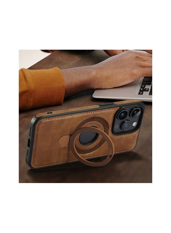 iPhone 16 Pro Max Magnetic PU Leather Phone Case with Invisible Ring Holder, Compatible with Magsafe Phone Cover, Brown  - Image 5