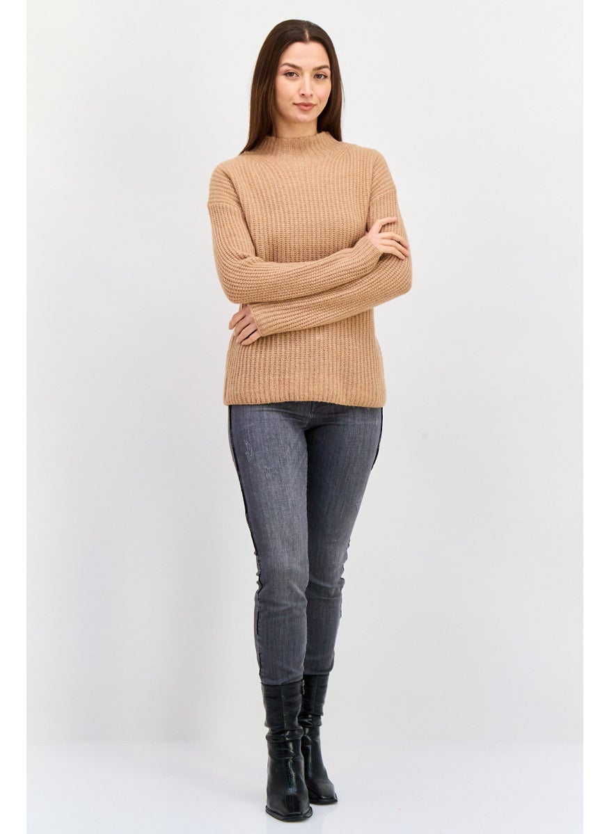 HUGO BOSS Women Mock Neck Knitted Sweater, Brown  - Image 4