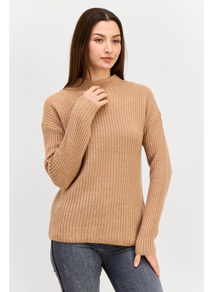 HUGO BOSS Women Mock Neck Knitted Sweater, Brown  - Image 1