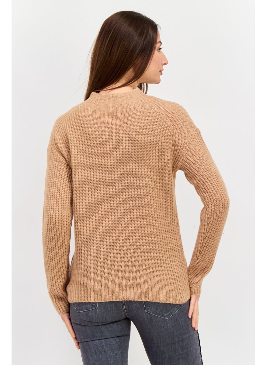 HUGO BOSS Women Mock Neck Knitted Sweater, Brown  - Image 3