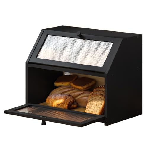 STDDRE Bread Box for Kitchen Countertop Bin Double Layer Bread Box Storage Container Extra Large Capacity Farmhouse with Diamond Pattern Windows Black Large - Image 1