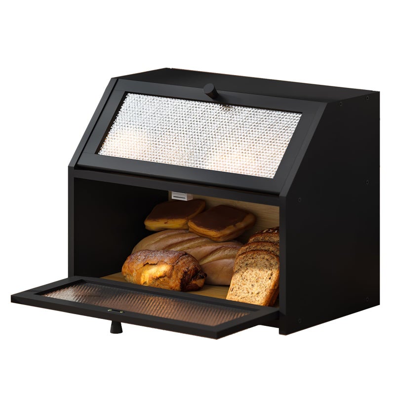 STDDRE Bread Box for Kitchen Countertop Bin Double Layer Bread Box Storage Container Extra Large Capacity Farmhouse with Diamond Pattern Windows Black Large - Image 2