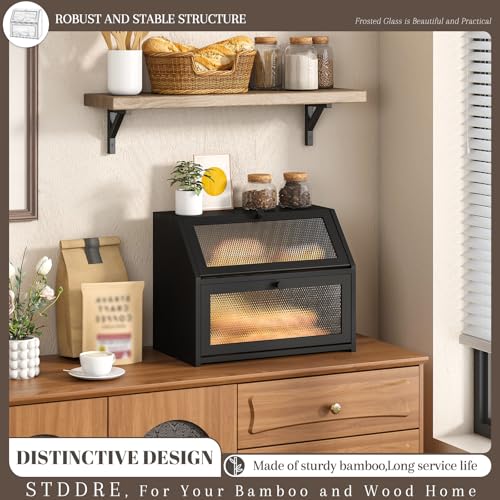 STDDRE Bread Box for Kitchen Countertop Bin Double Layer Bread Box Storage Container Extra Large Capacity Farmhouse with Diamond Pattern Windows Black Large - Image 3