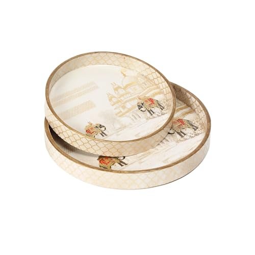 DULI Set of 2 MDF Wood Trays Enamel Coated| Round Trays Set of 2 | Serving Trays | Wooden Tray | Kitchen&Dining Decorative | Resin Tray | 7x7, 9 x 9 inches (SmSetof2Rd-WhiteElephant) - Image 1