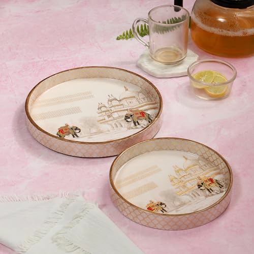 DULI Set of 2 MDF Wood Trays Enamel Coated| Round Trays Set of 2 | Serving Trays | Wooden Tray | Kitchen&Dining Decorative | Resin Tray | 7x7, 9 x 9 inches (SmSetof2Rd-WhiteElephant) - Image 4