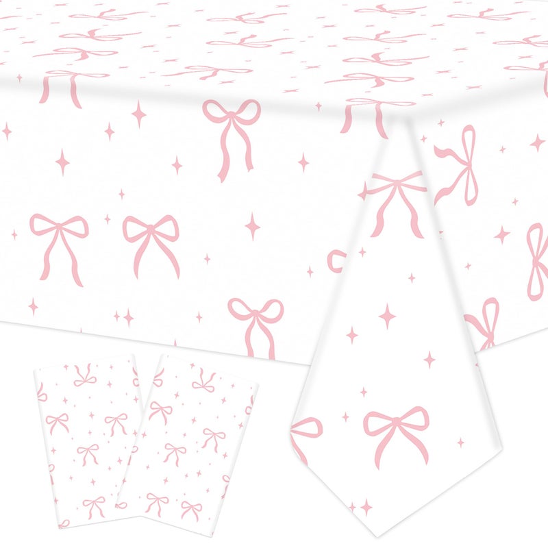 Maniaacer 2 PCS Pink Bow Tablecloth Bow Theme Plastic Table Cover Rectangle Coquette Disposable Party Tablecloth for Women Girls Birthday Bridal Bachelorette Party Decor - Image 1