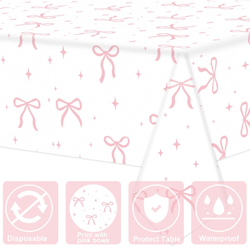 Maniaacer 2 PCS Pink Bow Tablecloth Bow Theme Plastic Table Cover Rectangle Coquette Disposable Party Tablecloth for Women Girls Birthday Bridal Bachelorette Party Decor - Image 3