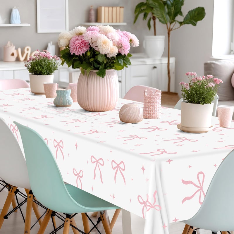 Maniaacer 2 PCS Pink Bow Tablecloth Bow Theme Plastic Table Cover Rectangle Coquette Disposable Party Tablecloth for Women Girls Birthday Bridal Bachelorette Party Decor - Image 4