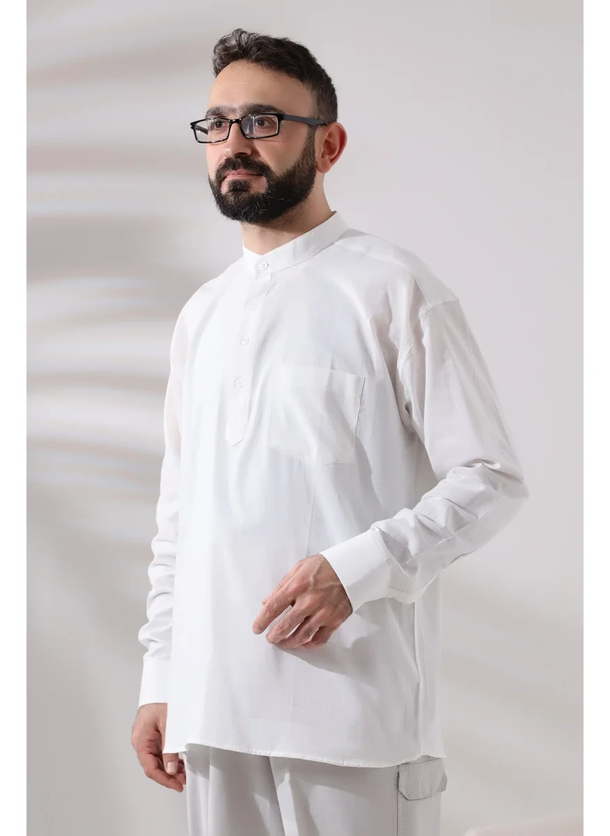 İhvan Online Ihvan Online White Men's Casual Cut 3 Button Judge Collar Hajj and Umrah Linen Shirt