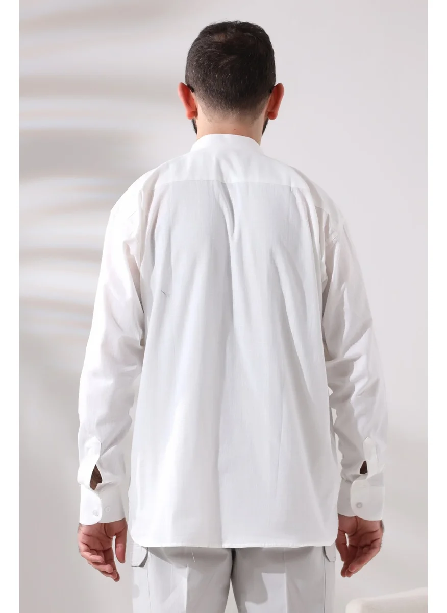 İhvan Online Ihvan Online White Men's Casual Cut 3 Button Judge Collar Hajj and Umrah Linen Shirt