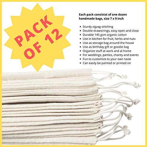 DR Cotton Muslin Drawstring Bags 7x9 Unbleached Reusable Favor Pouches for Crafts, Herbs, Gifts Pantry Storage | Heavyweight 144 GSM | Double Drawstring | by DR (7 x 9 inch - 12 pack, Beige) - Image 3