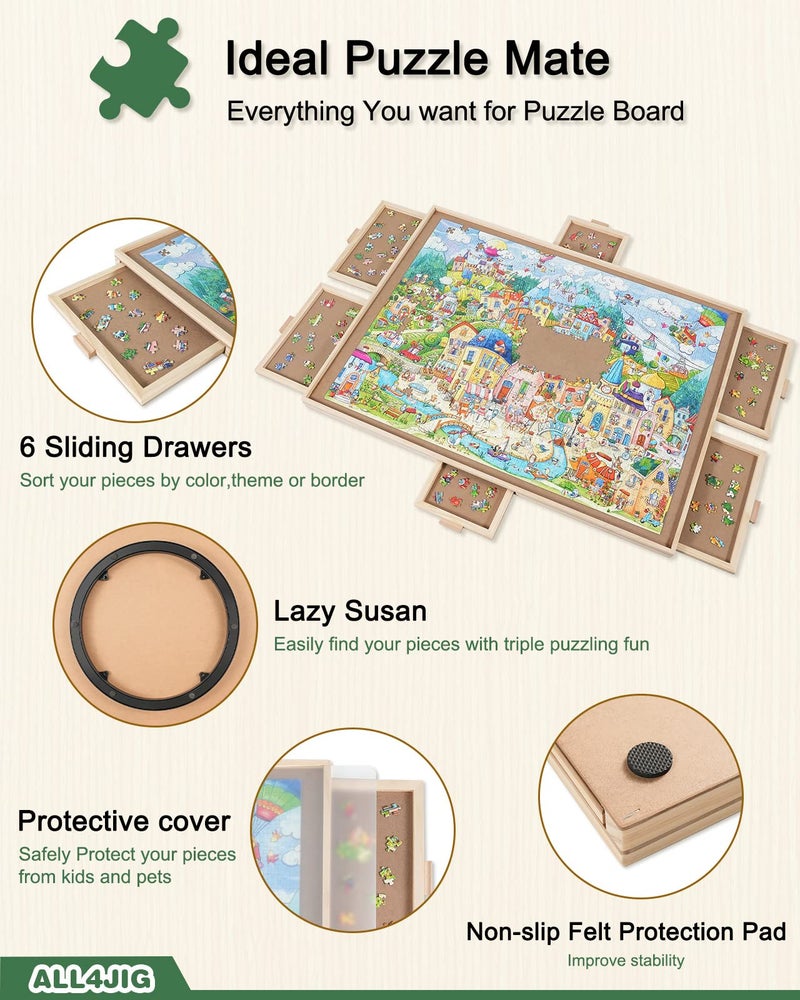 ALL4JIG 1500 Pieces Rotating Puzzle Board with 6 Drawers and Cover25x34Portable Wooden Jigsaw Puzzle Table for AdultsLazy Susan Spinning Puzzle Boards Birthday Gift for mom - Image 3