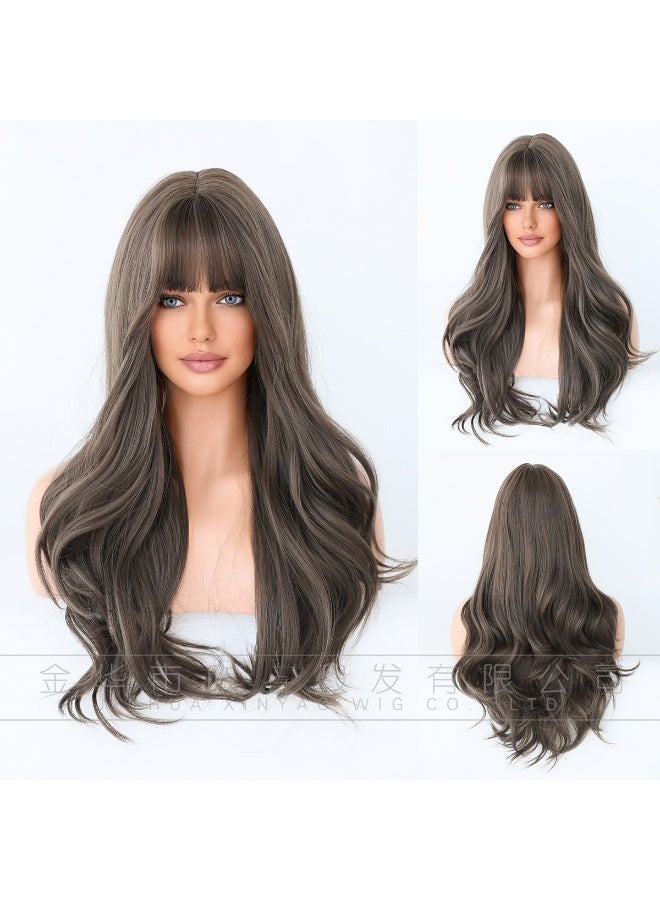 Loquat Long Curly Wavy Womens Wig with Bangs - Brown Black Cold Brown_65cm 25.59inch