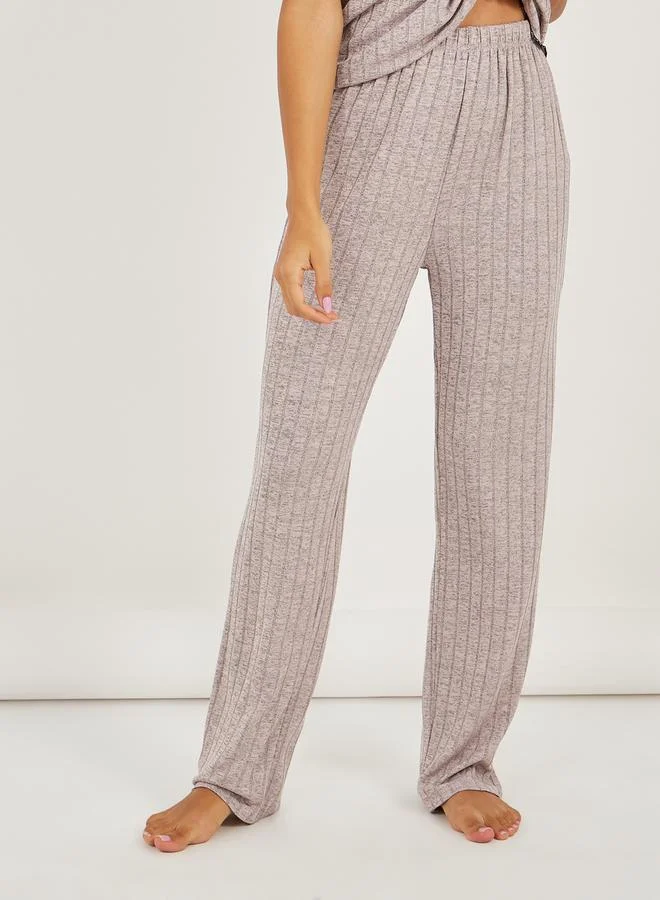 Styli Brushed Rib Contrast Edge Placket T-Shirt and Pyjama Set