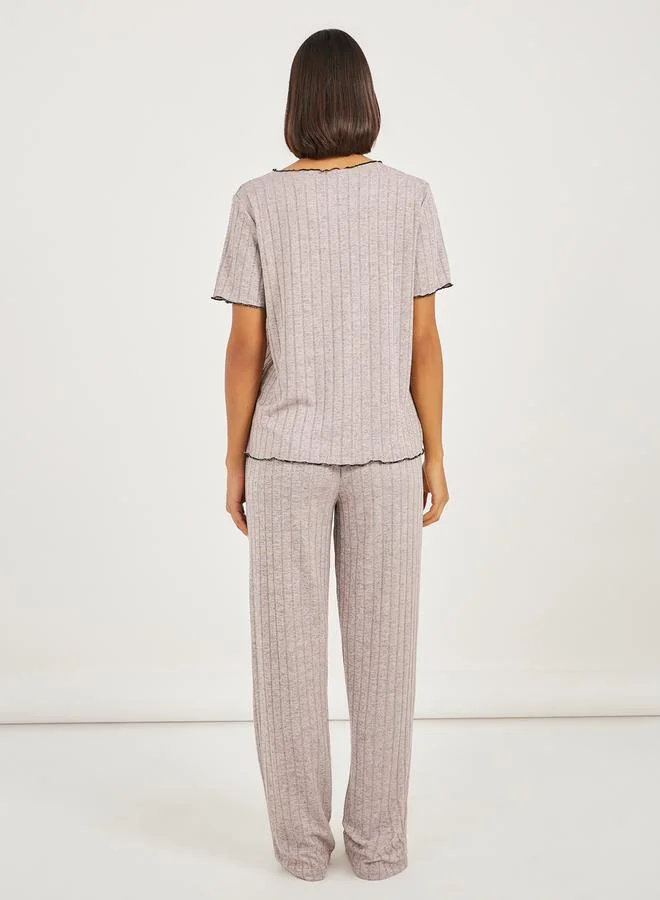 Styli Brushed Rib Contrast Edge Placket T-Shirt and Pyjama Set