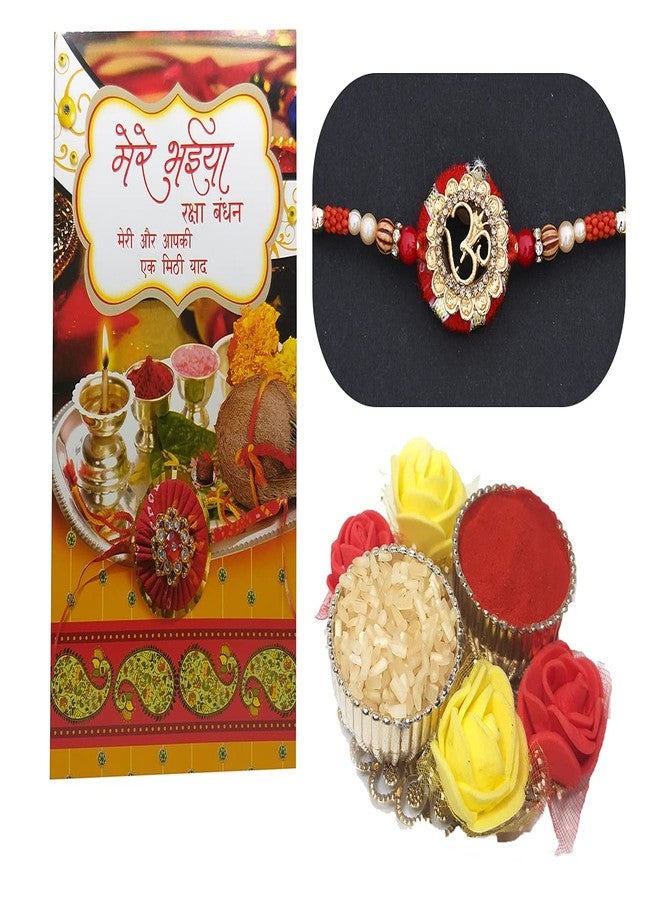 Natali Traders Om Rakhi for Bhai with Greeting Card and Roli Chawal Chopra - Religious Rakhi for Elder Brother, Bhaiya - Raksha Bandhan Gift - Image 1