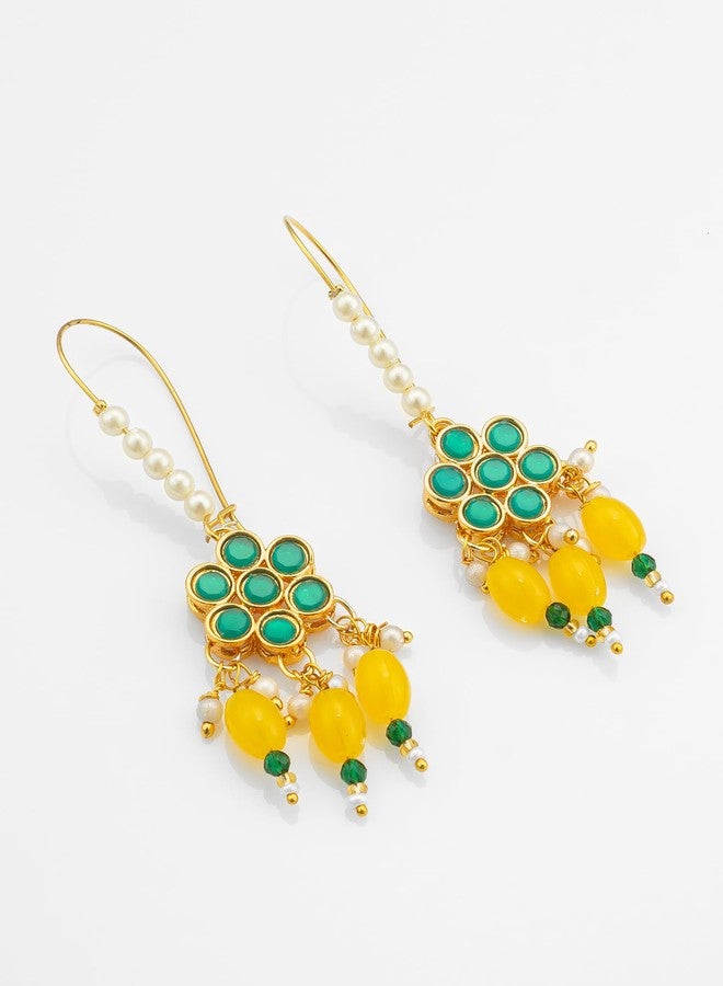 Bevogue Floral Kundan Dangler Earrings for Women | Gold Plated Brass Jewellery with Yellow Drops & Turquoise Enamel | Stylish & Trendy | Ideal Gift Choice for Special Occasions (ER4151) - Image 3