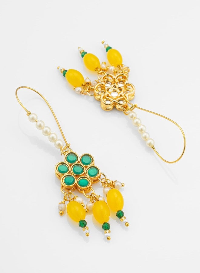 Bevogue Floral Kundan Dangler Earrings for Women | Gold Plated Brass Jewellery with Yellow Drops & Turquoise Enamel | Stylish & Trendy | Ideal Gift Choice for Special Occasions (ER4151) - Image 4