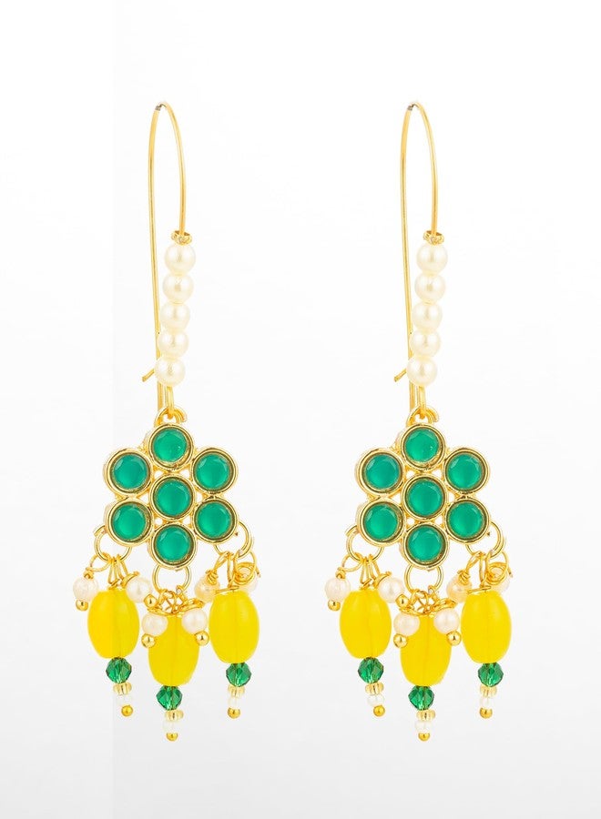 Bevogue Floral Kundan Dangler Earrings for Women | Gold Plated Brass Jewellery with Yellow Drops & Turquoise Enamel | Stylish & Trendy | Ideal Gift Choice for Special Occasions (ER4151) - Image 2