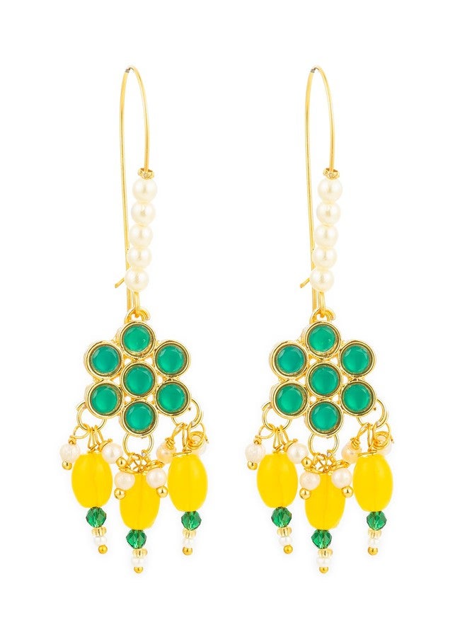 Bevogue Floral Kundan Dangler Earrings for Women | Gold Plated Brass Jewellery with Yellow Drops & Turquoise Enamel | Stylish & Trendy | Ideal Gift Choice for Special Occasions (ER4151) - Image 1