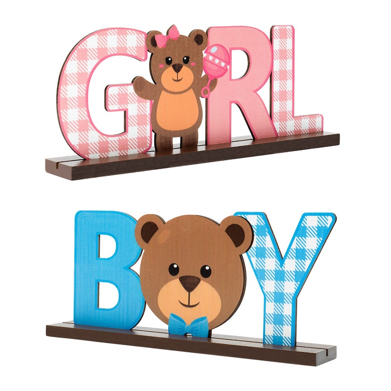 C1krint Teddy Bear Wooden Decorative Signage Boy Girl Gender Reveal Decor 2Pcs BluePink Table Centerpieces for HeShe Baby Shower Party Supplies 94 x 39 inches Wood - Image 2
