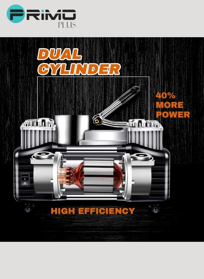 منفاخ إطارات مزدوج الأسطوانة شديد التحمل للخدمة الشاقة  ، ضاغط هواء للسيارة ، مضخة هواء إطار 150 رطل لكل بوصة مربعة مع ضوء LED ، منفاخ إطارات مقياس الضغط الرقمي - محترف لسيارات الدفع الرباعي والطرق الوعرة والشاحنات،  مع مجموعة ادوات اصلاح الاطارات وصندوق ادوات للسيارات.