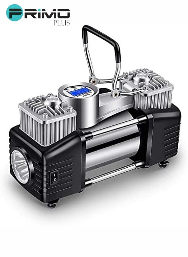 منفاخ إطارات مزدوج الأسطوانة شديد التحمل للخدمة الشاقة  ، ضاغط هواء للسيارة ، مضخة هواء إطار 150 رطل لكل بوصة مربعة مع ضوء LED ، منفاخ إطارات مقياس الضغط الرقمي - محترف لسيارات الدفع الرباعي والطرق الوعرة والشاحنات،  مع مجموعة ادوات اصلاح الاطارات وصندوق ادوات للسيارات.