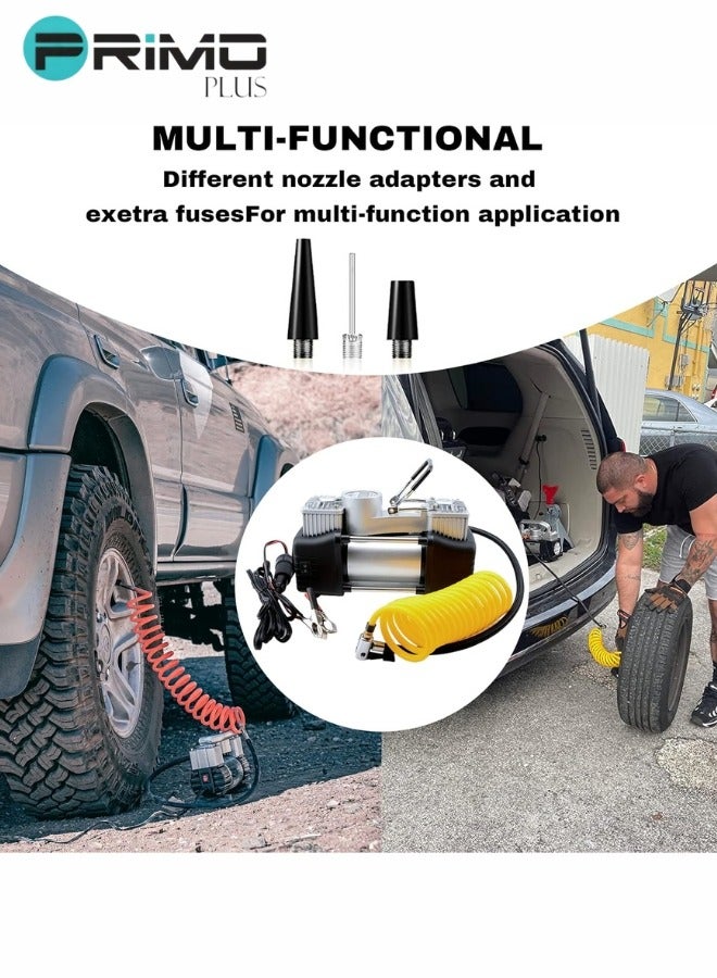 منفاخ إطارات مزدوج الأسطوانة شديد التحمل للخدمة الشاقة  ، ضاغط هواء للسيارة ، مضخة هواء إطار 150 رطل لكل بوصة مربعة مع ضوء LED ، منفاخ إطارات مقياس الضغط الرقمي - محترف لسيارات الدفع الرباعي والطرق الوعرة والشاحنات،  مع مجموعة ادوات اصلاح الاطارات وصندوق ادوات للسيارات.