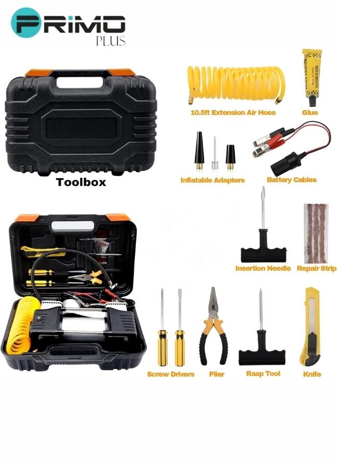 PRIMO PLUS Heavy Duty Dual Cylinder Tire Inflator, Car Air Compressor, 150 PSI Tire Air Pump with LED Light, Digital Pressure Gauge Tire Inflator - Professional for SUV, Off-Road, Truck, with Tire Repair Tool Kit and Tool Box for Cars.  - Image 2