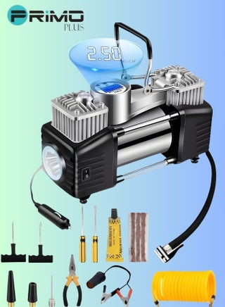 منفاخ إطارات مزدوج الأسطوانة شديد التحمل للخدمة الشاقة  ، ضاغط هواء للسيارة ، مضخة هواء إطار 150 رطل لكل بوصة مربعة مع ضوء LED ، منفاخ إطارات مقياس الضغط الرقمي - محترف لسيارات الدفع الرباعي والطرق الوعرة والشاحنات،  مع مجموعة ادوات اصلاح الاطارات وصندوق ادوات للسيارات. - pzsku/ZF02150941B11670245CFZ/45/_/1737025819/b9a0fdbc-ebef-40d1-bd19-ae47058cfe6a