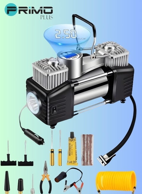 منفاخ إطارات مزدوج الأسطوانة شديد التحمل للخدمة الشاقة  ، ضاغط هواء للسيارة ، مضخة هواء إطار 150 رطل لكل بوصة مربعة مع ضوء LED ، منفاخ إطارات مقياس الضغط الرقمي - محترف لسيارات الدفع الرباعي والطرق الوعرة والشاحنات،  مع مجموعة ادوات اصلاح الاطارات وصندوق ادوات للسيارات.