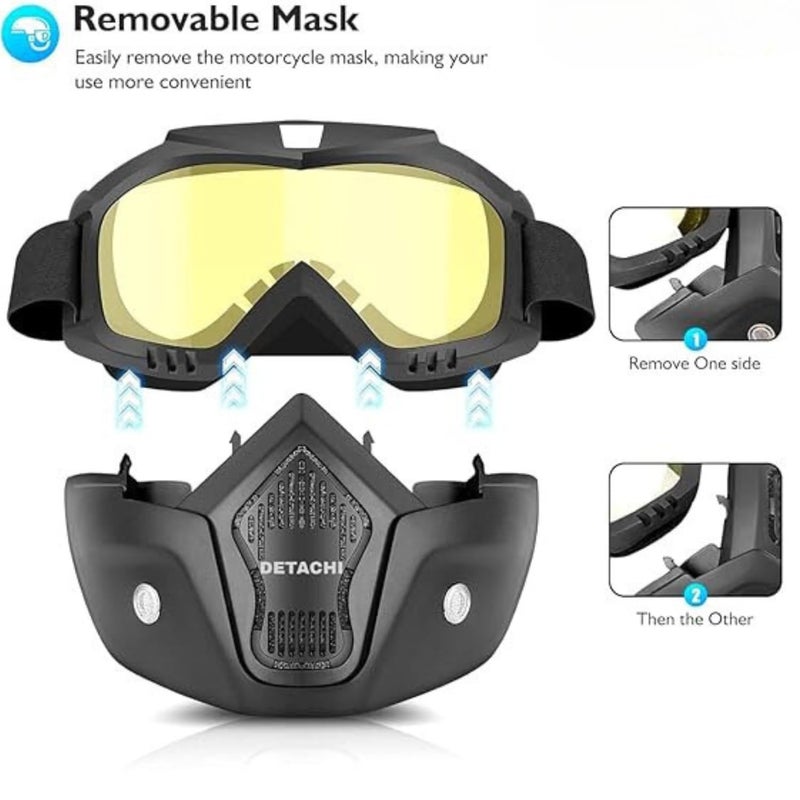 REPISH Motorcycle Goggle mask Anti Scratch UV Protective Face Mask, Bike Riding Mask with Detachable Face Mask, Adjustable Elastic Strap Goggles Mask for Helmet Yellow Visor, Unisex - Image 5