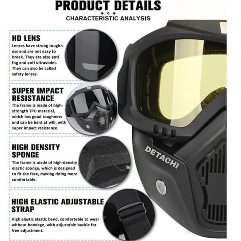 REPISH Motorcycle Goggle mask Anti Scratch UV Protective Face Mask, Bike Riding Mask with Detachable Face Mask, Adjustable Elastic Strap Goggles Mask for Helmet Yellow Visor, Unisex - Image 2